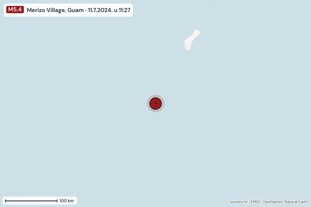 Karta: šire područje, 600 km, potres M5,4, Merizo Village, Guam, 11.7.2024.