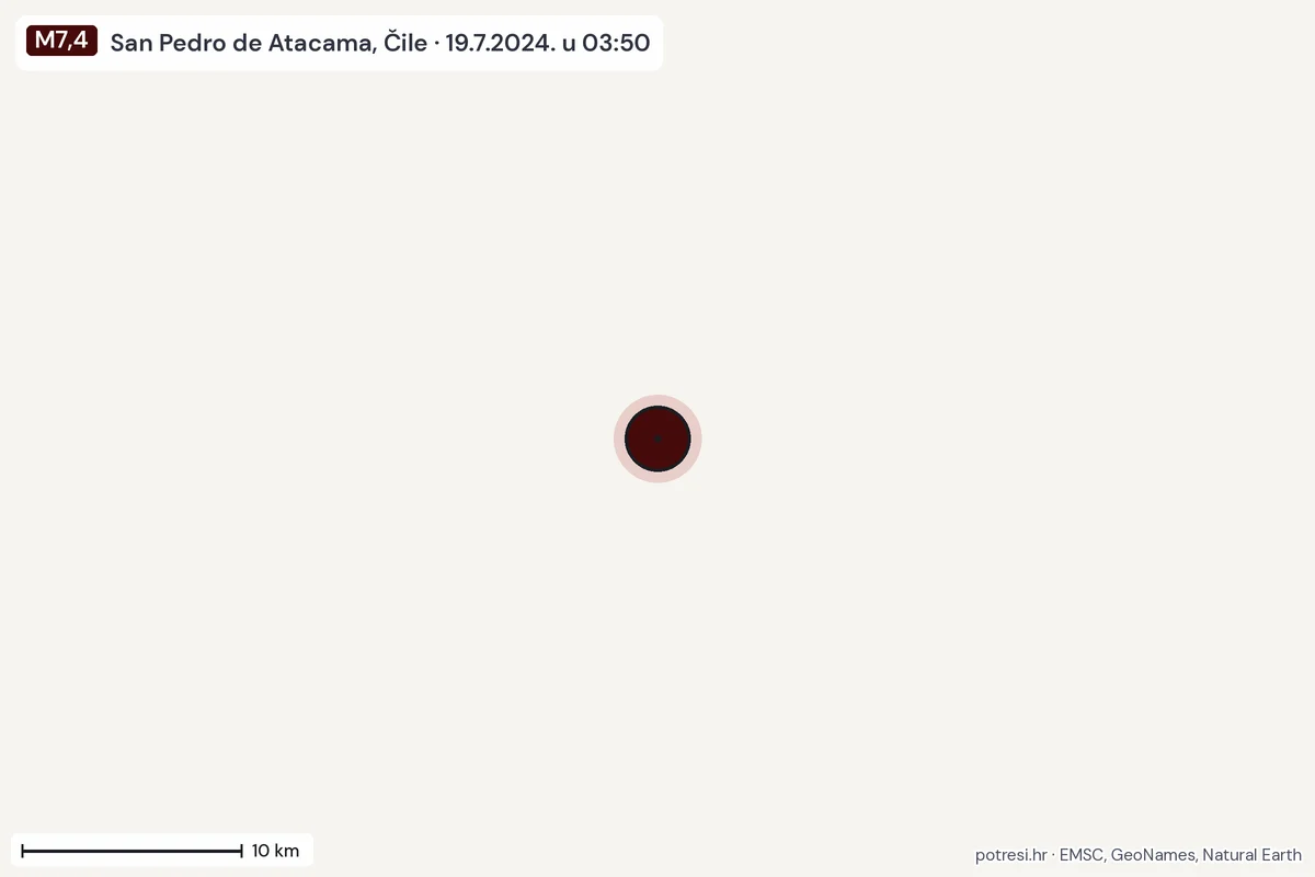 Karta: okolica epicentra, 60 km, potres M7,4, San Pedro de Atacama, Čile, 19.7.2024.