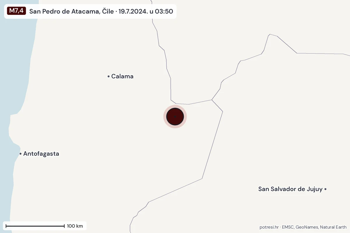 Karta: šire područje, 600 km, potres M7,4, San Pedro de Atacama, Čile, 19.7.2024.