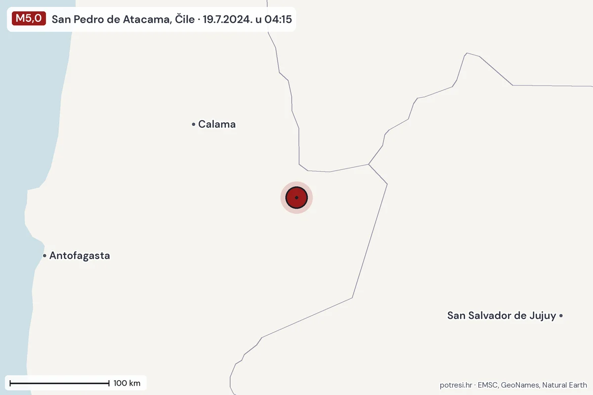 Karta: šire područje, 600 km, potres M5,0, San Pedro de Atacama, Čile, 19.7.2024.