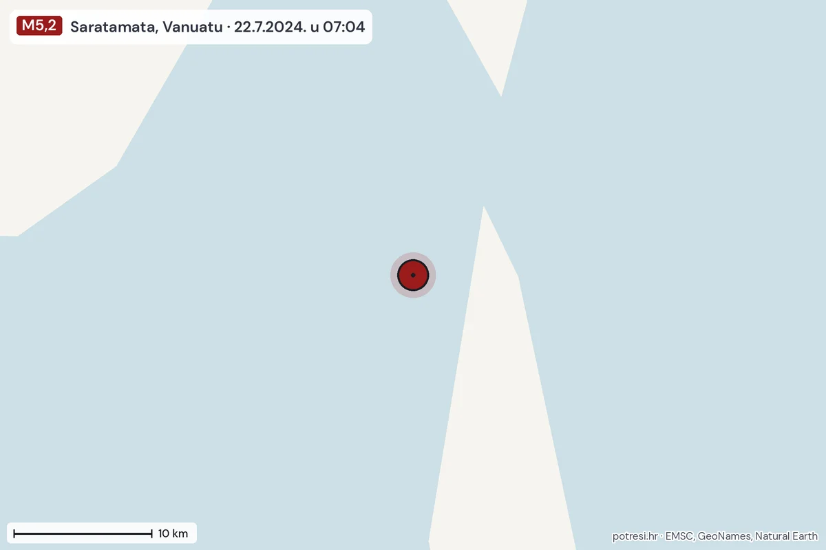 Karta: okolica epicentra, 60 km, potres M5,2, Saratamata, Vanuatu, 22.7.2024.