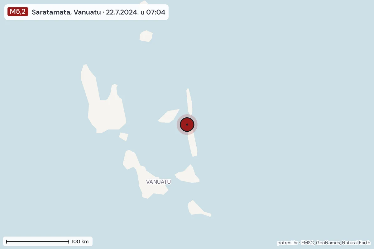 Karta: šire područje, 600 km, potres M5,2, Saratamata, Vanuatu, 22.7.2024.