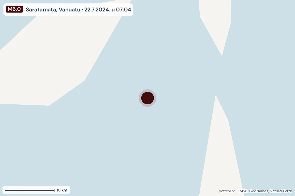 Karta: okolica epicentra, 60 km, potres M6,0, Saratamata, Vanuatu, 22.7.2024.