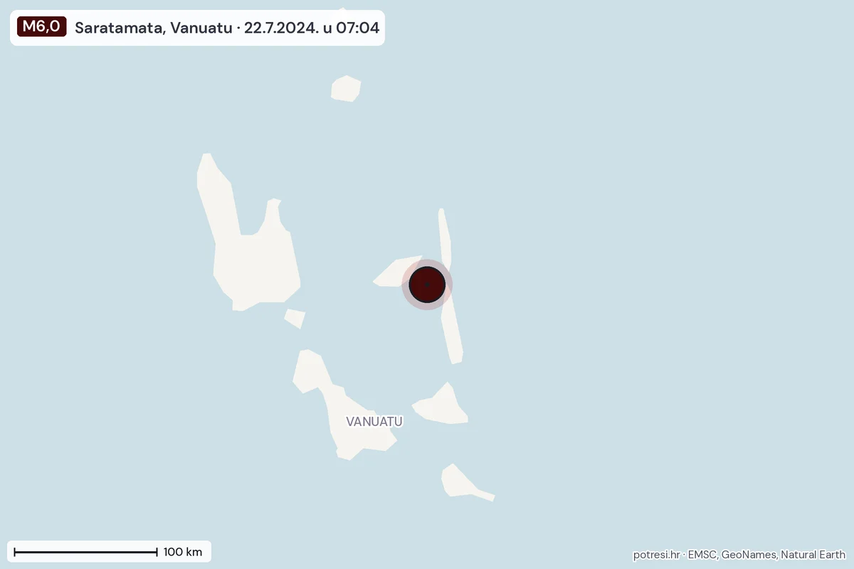 Karta: šire područje, 600 km, potres M6,0, Saratamata, Vanuatu, 22.7.2024.