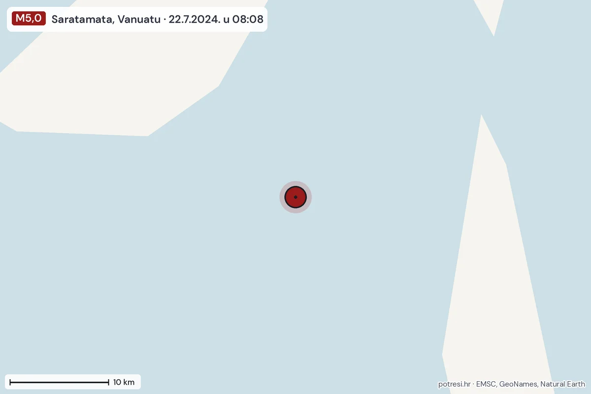 Karta: okolica epicentra, 60 km, potres M5,0, Saratamata, Vanuatu, 22.7.2024.