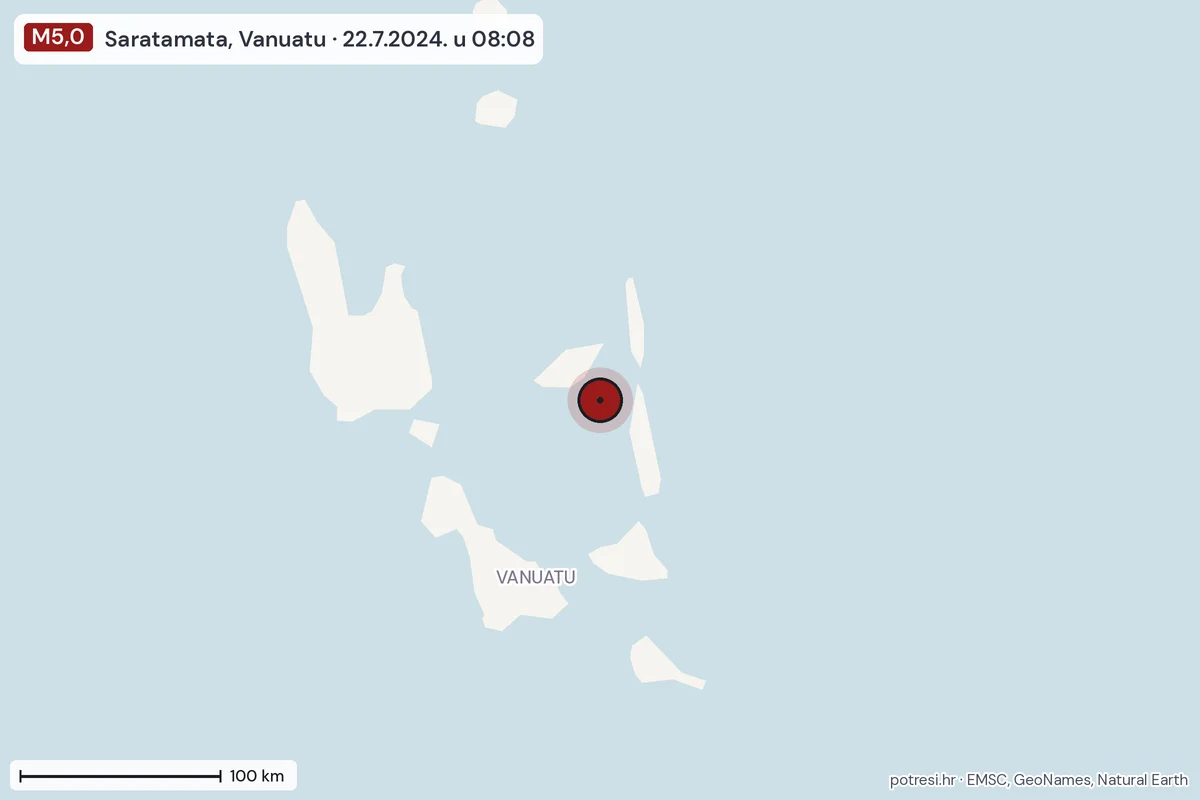 Karta: šire područje, 600 km, potres M5,0, Saratamata, Vanuatu, 22.7.2024.