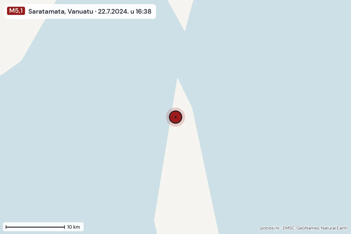 Karta: okolica epicentra, 60 km, potres M5,1, Saratamata, Vanuatu, 22.7.2024.