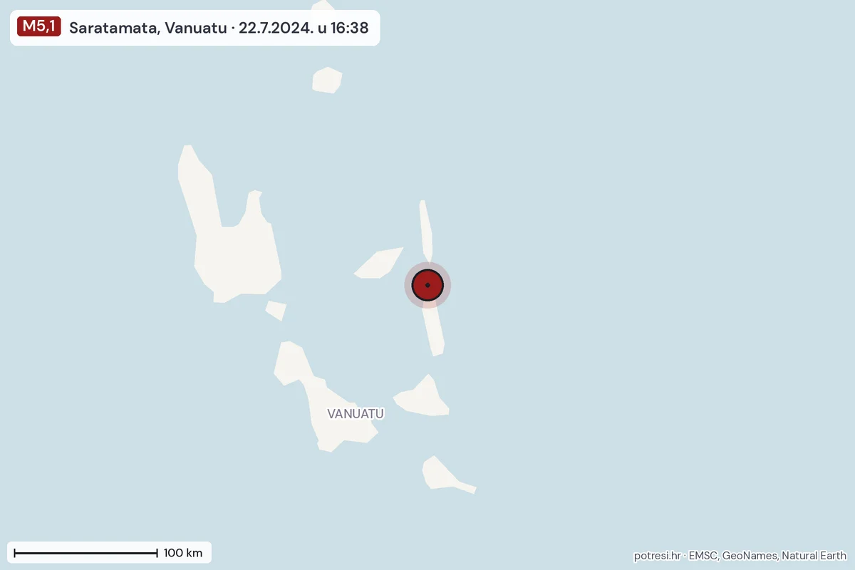 Karta: šire područje, 600 km, potres M5,1, Saratamata, Vanuatu, 22.7.2024.