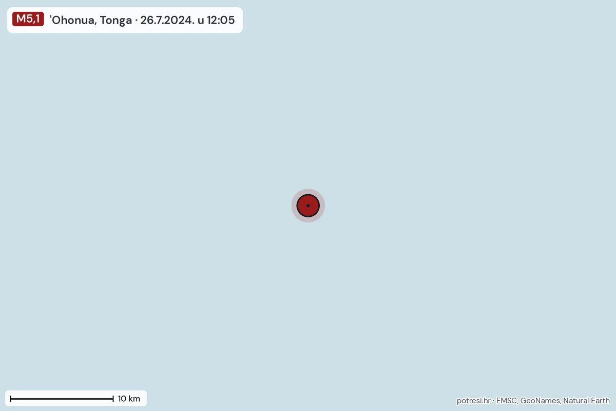 Karta: okolica epicentra, 60 km, potres M5,1, 'Ohonua, Tonga, 26.7.2024.