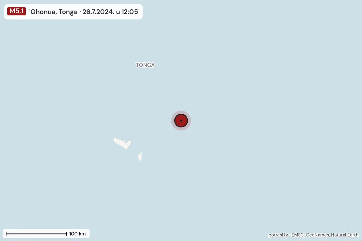 Karta: šire područje, 600 km, potres M5,1, 'Ohonua, Tonga, 26.7.2024.