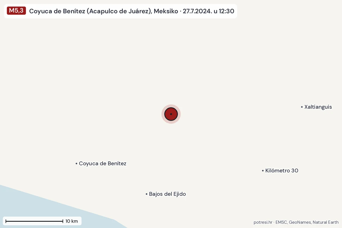 Karta: okolica epicentra, 60 km, potres M5,3, Coyuca de Benítez (Acapulco de Juárez), Meksiko, 27.7.2024.