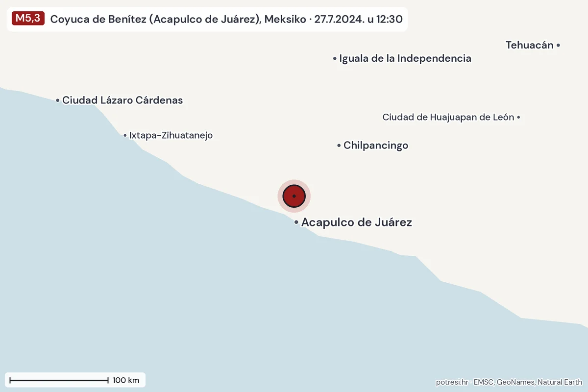 Karta: šire područje, 600 km, potres M5,3, Coyuca de Benítez (Acapulco de Juárez), Meksiko, 27.7.2024.