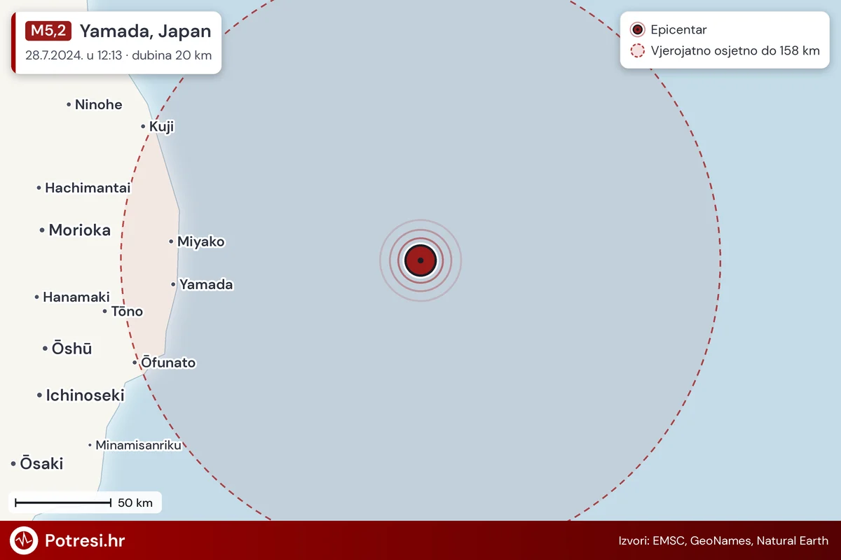 Karta: šire područje i vjerojatni doseg osjeta, potres M5,2, Yamada, Japan, 28.7.2024.