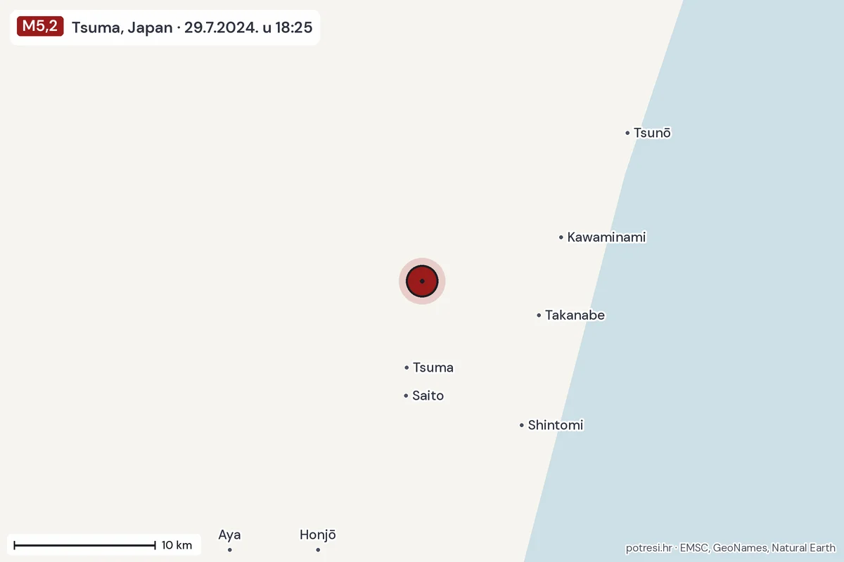 Karta: okolica epicentra, 60 km, potres M5,2, Tsuma, Japan, 29.7.2024.