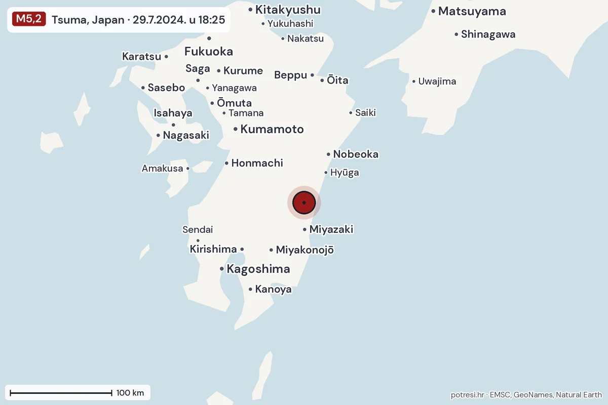 Karta: šire područje, 600 km, potres M5,2, Tsuma, Japan, 29.7.2024.