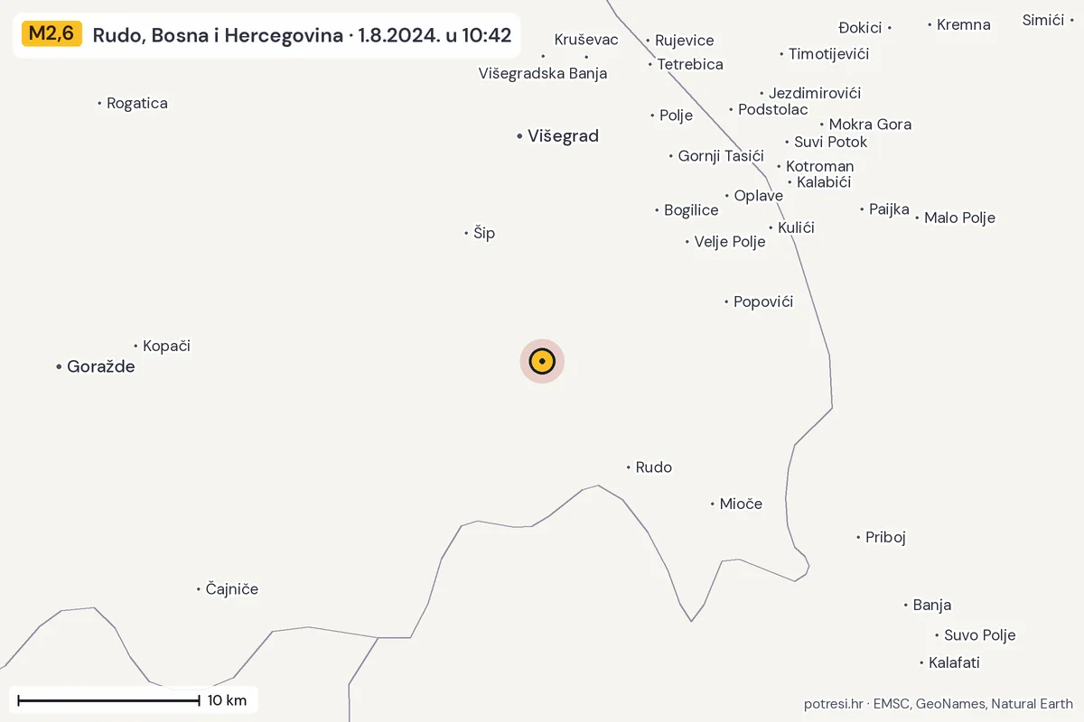 Karta: okolica epicentra, 60 km, potres M2,6, Rudo, Bosna i Hercegovina, 1.8.2024.
