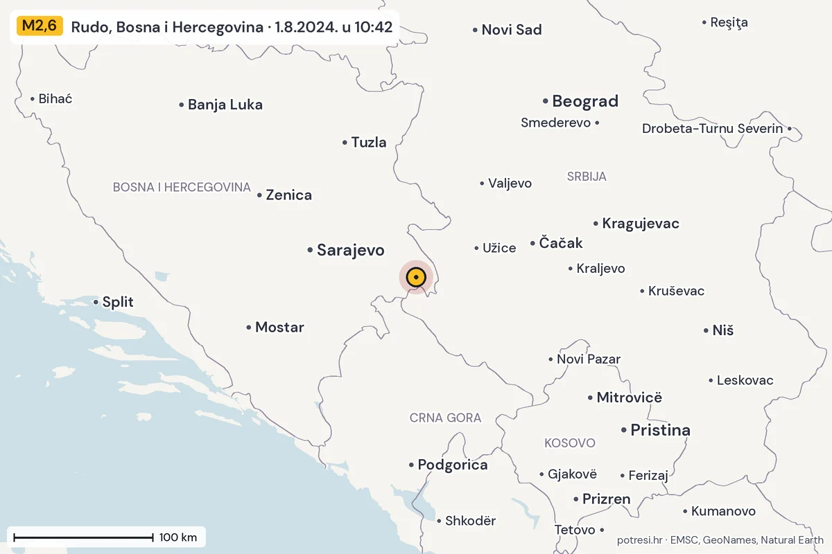 Karta: šire područje, 600 km, potres M2,6, Rudo, Bosna i Hercegovina, 1.8.2024.