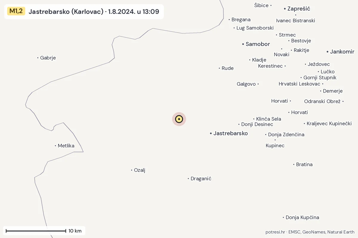 Karta: okolica epicentra, 60 km, potres M1,2, Jastrebarsko (Karlovac), 1.8.2024.
