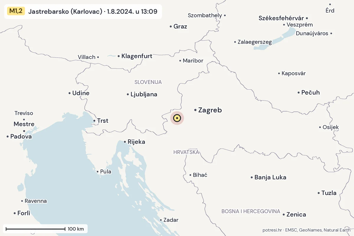 Karta: šire područje, 600 km, potres M1,2, Jastrebarsko (Karlovac), 1.8.2024.