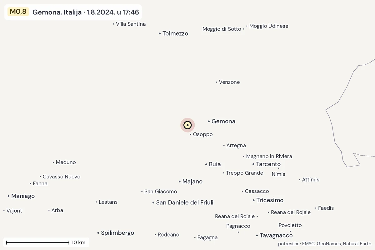 Karta: okolica epicentra, 60 km, potres M0,8, Gemona, Italija, 1.8.2024.