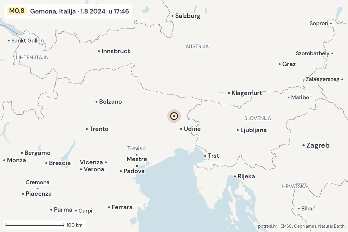 Karta: šire područje, 600 km, potres M0,8, Gemona, Italija, 1.8.2024.