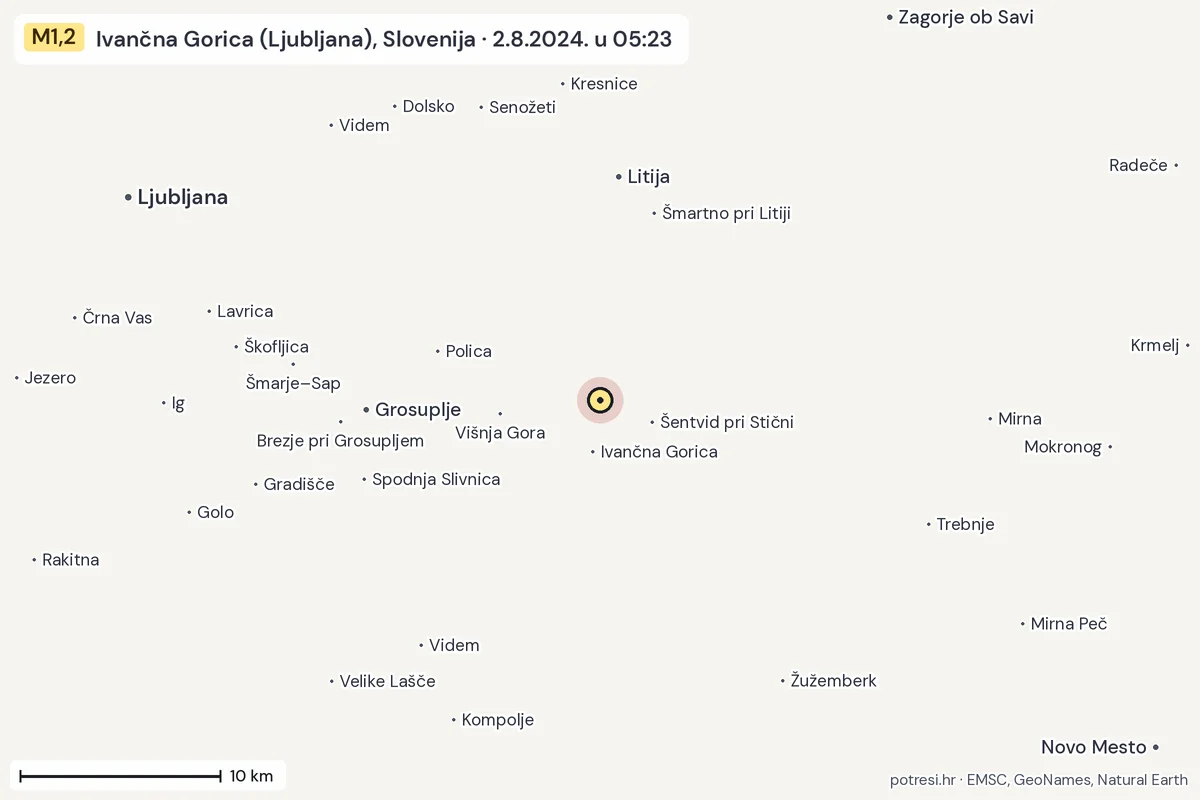 Karta: okolica epicentra, 60 km, potres M1,2, Ivančna Gorica (Ljubljana), Slovenija, 2.8.2024.