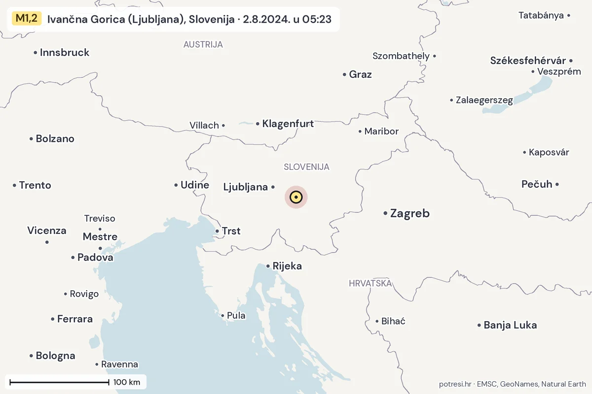 Karta: šire područje, 600 km, potres M1,2, Ivančna Gorica (Ljubljana), Slovenija, 2.8.2024.