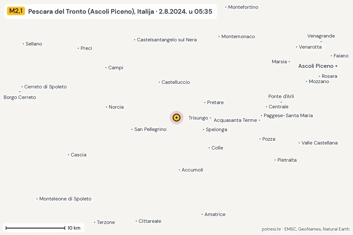 Karta: okolica epicentra, 60 km, potres M2,1, Pescara del Tronto (Ascoli Piceno), Italija, 2.8.2024.