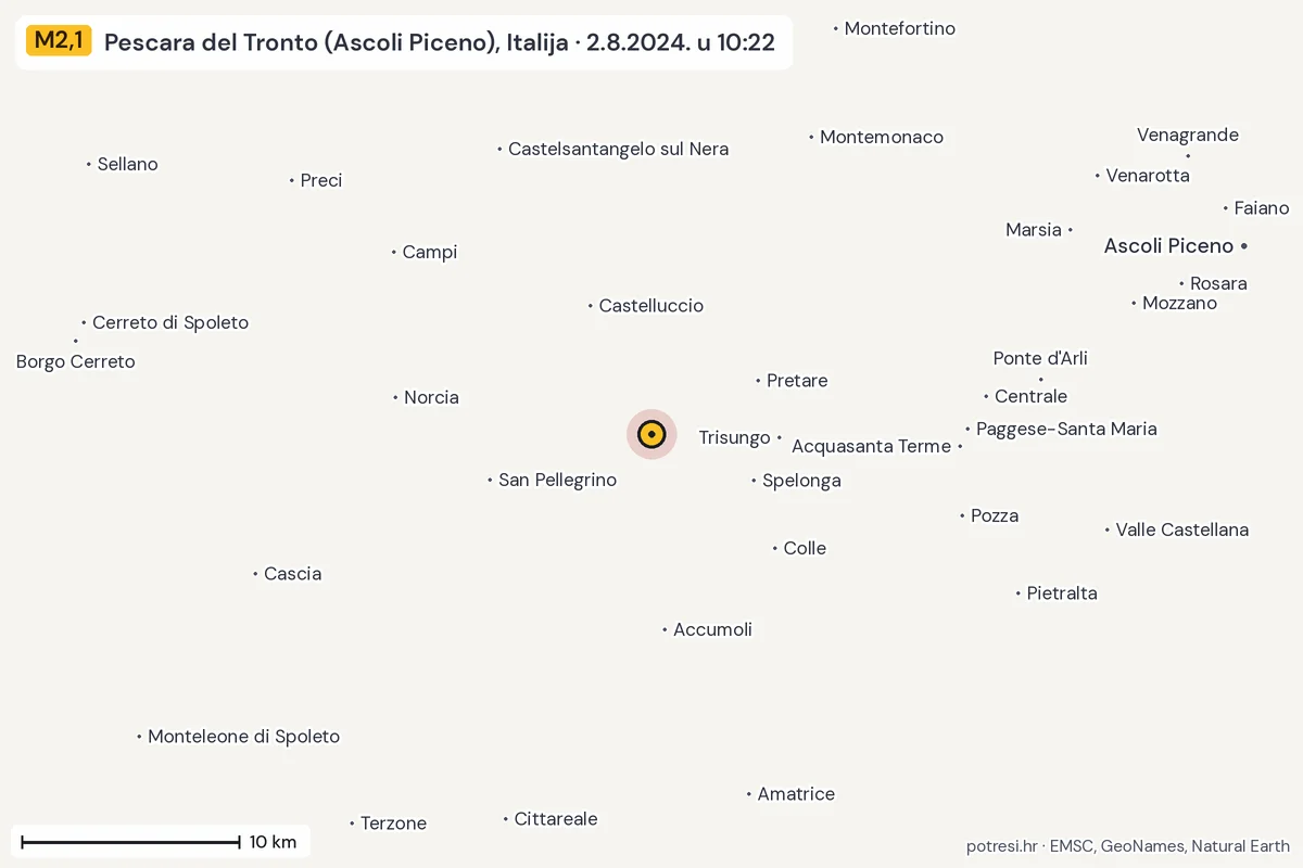 Karta: okolica epicentra, 60 km, potres M2,1, Pescara del Tronto (Ascoli Piceno), Italija, 2.8.2024.