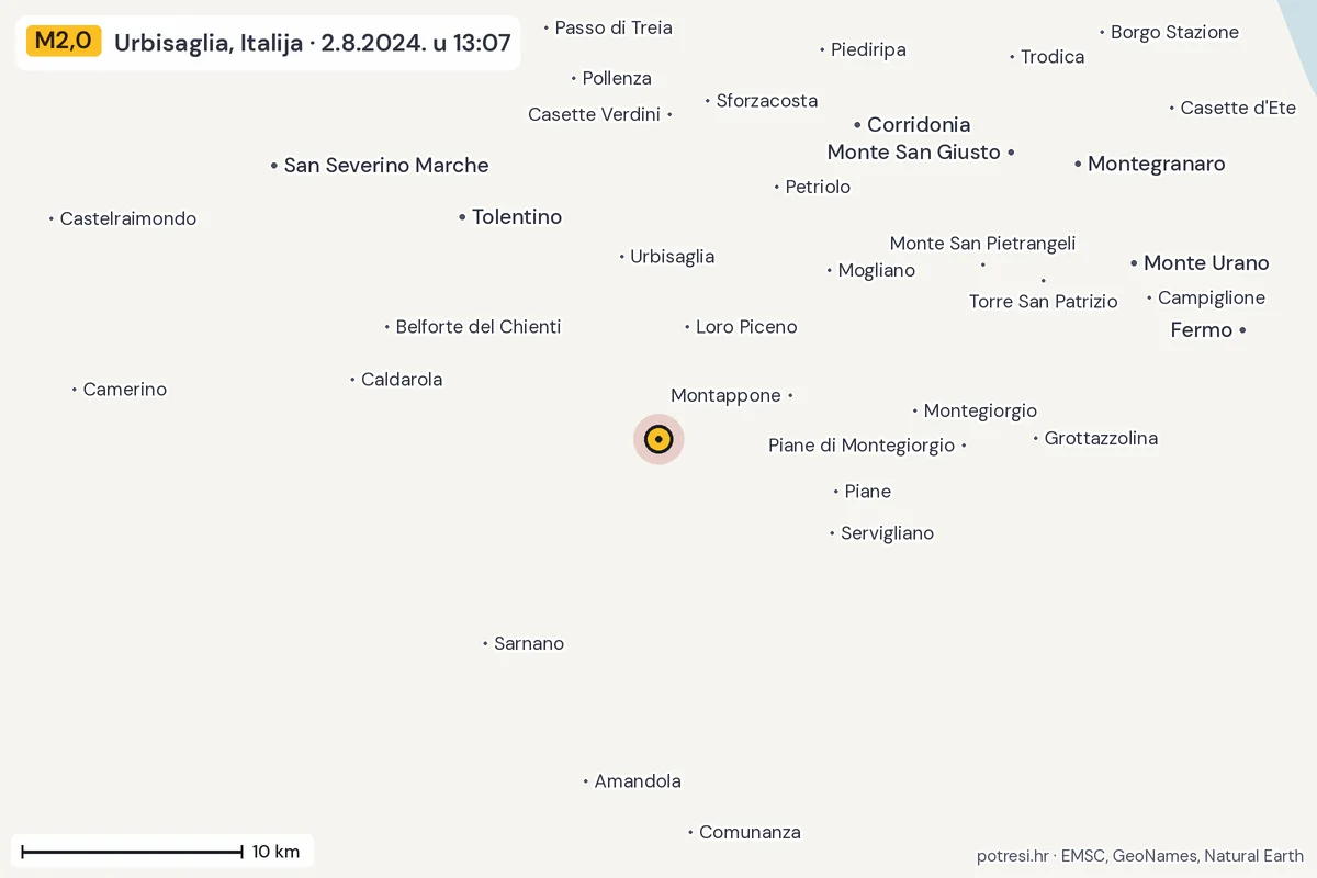 Karta: okolica epicentra, 60 km, potres M2,0, Urbisaglia, Italija, 2.8.2024.
