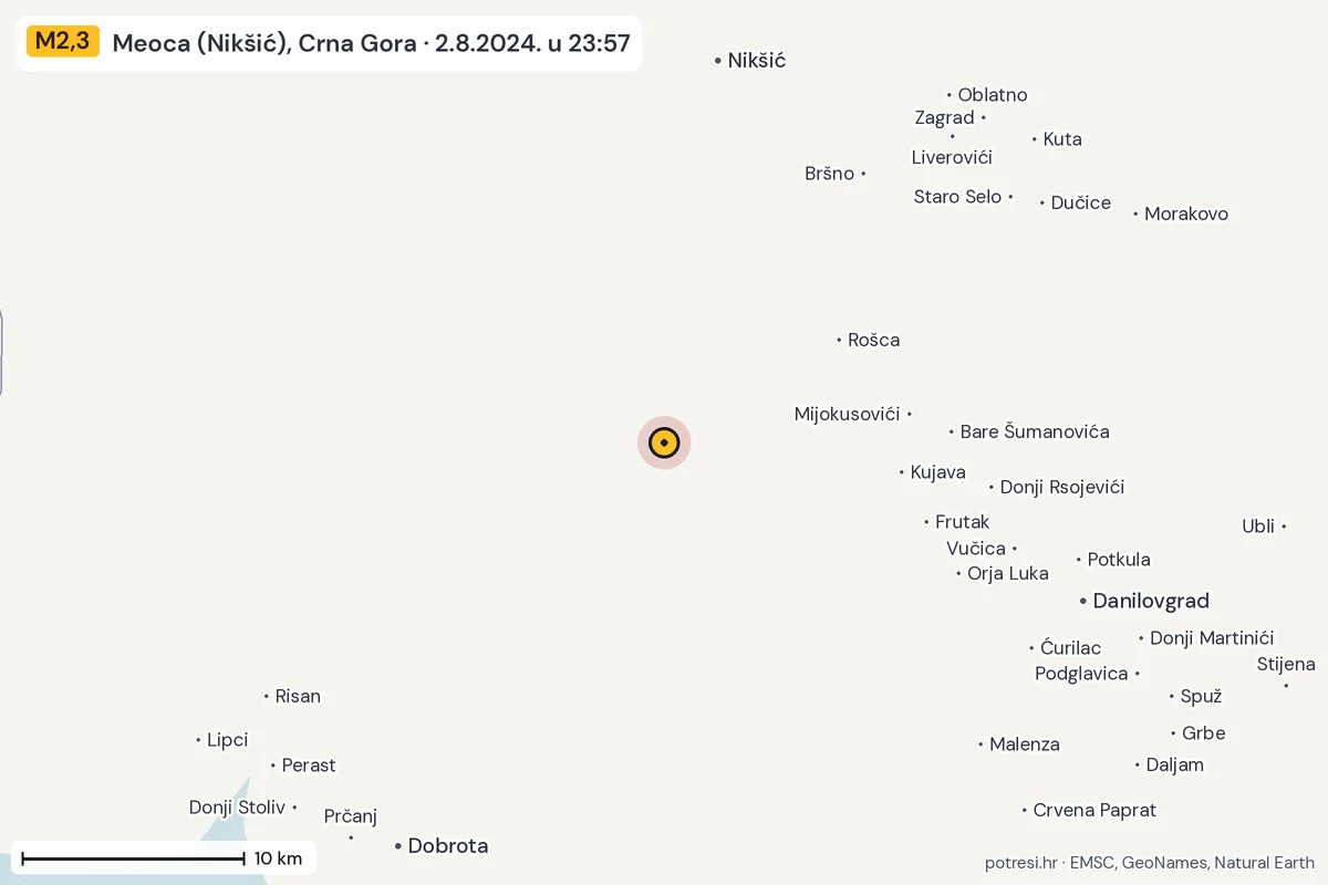 Karta: okolica epicentra, 60 km, potres M2,3, Meoca (Nikšić), Crna Gora, 2.8.2024.