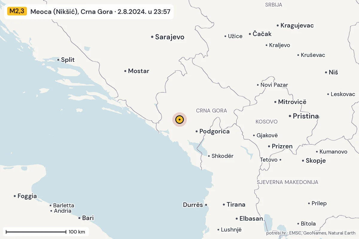 Karta: šire područje, 600 km, potres M2,3, Meoca (Nikšić), Crna Gora, 2.8.2024.