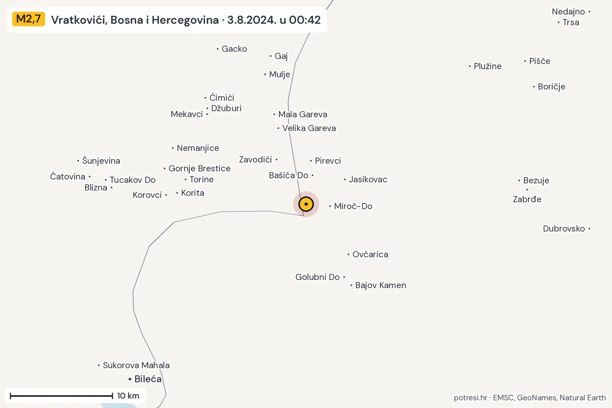 Karta: okolica epicentra, 60 km, potres M2,7, Vratkovići, Bosna i Hercegovina, 3.8.2024.