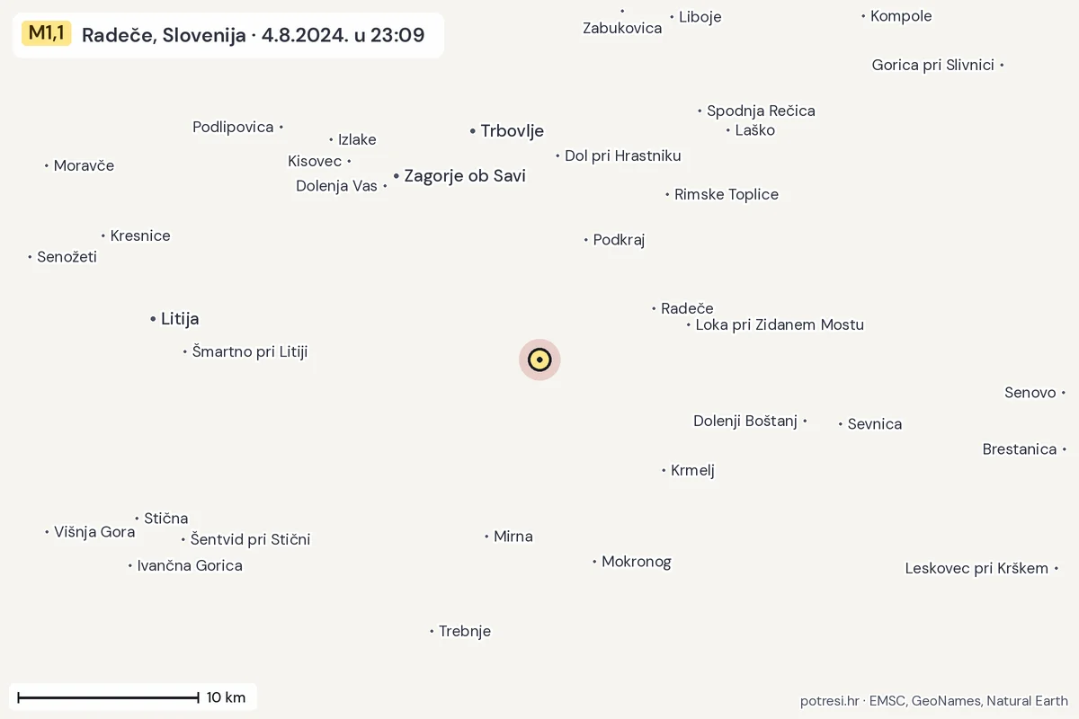 Karta: okolica epicentra, 60 km, potres M1,1, Radeče, Slovenija, 4.8.2024.