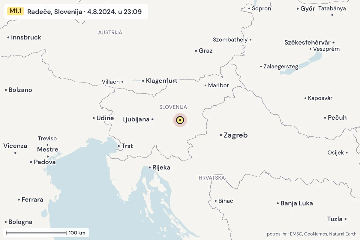 Karta: šire područje, 600 km, potres M1,1, Radeče, Slovenija, 4.8.2024.