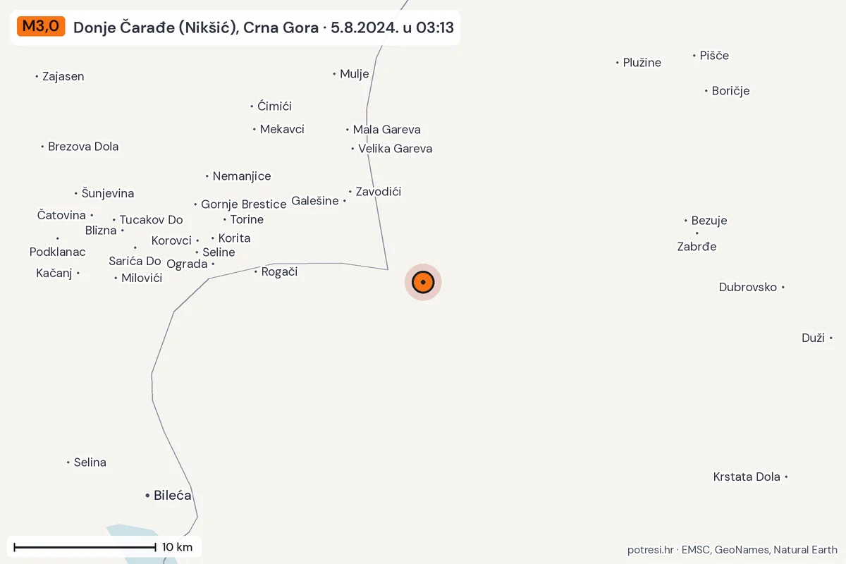 Karta: okolica epicentra, 60 km, potres M3,0, Donje Čarađe (Nikšić), Crna Gora, 5.8.2024.