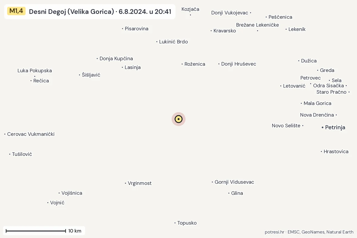 Karta: okolica epicentra, 60 km, potres M1,4, Desni Degoj (Velika Gorica), 6.8.2024.
