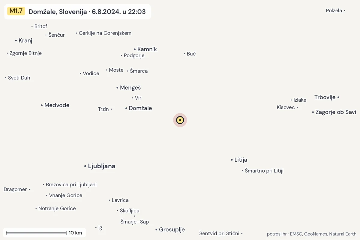 Karta: okolica epicentra, 60 km, potres M1,7, Domžale, Slovenija, 6.8.2024.
