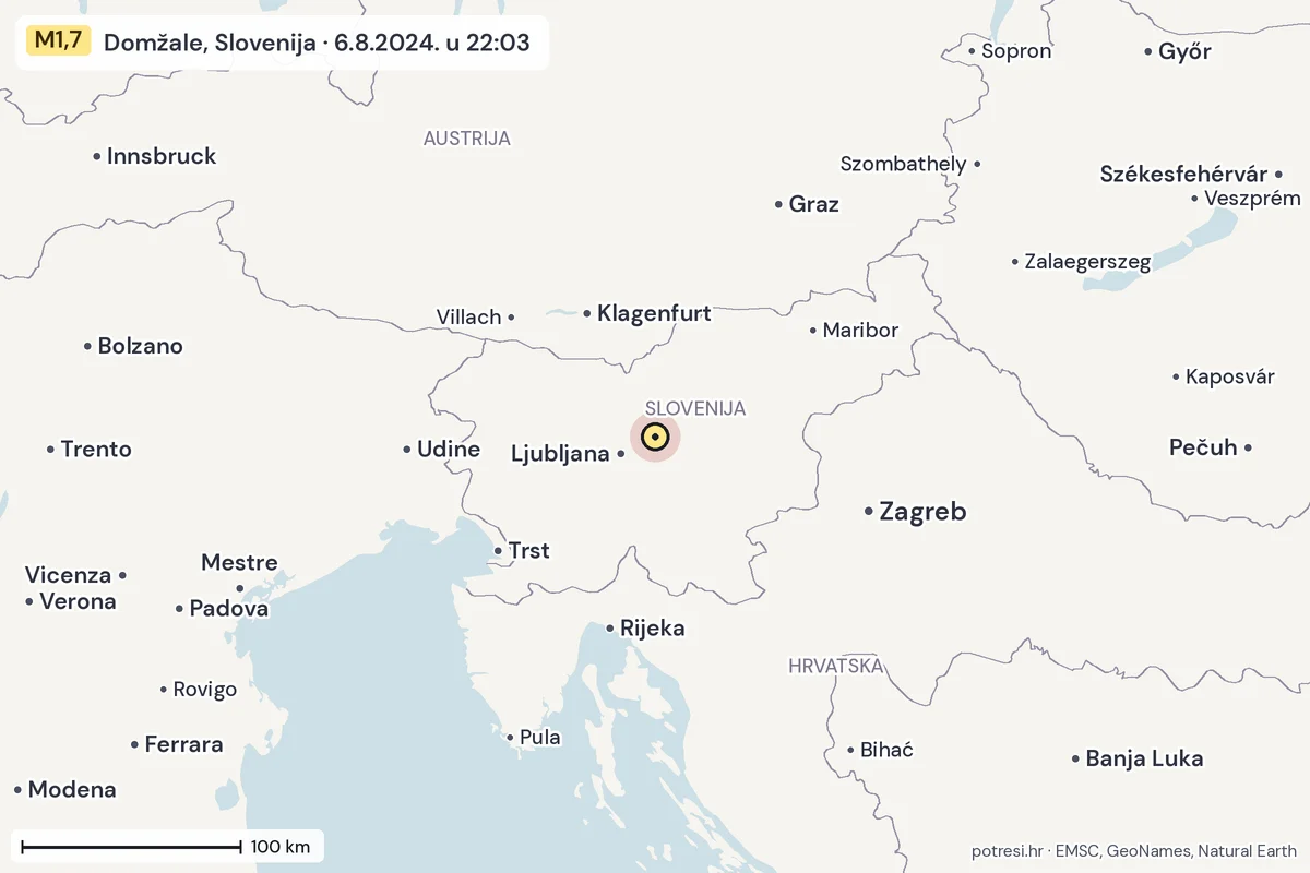 Karta: šire područje, 600 km, potres M1,7, Domžale, Slovenija, 6.8.2024.