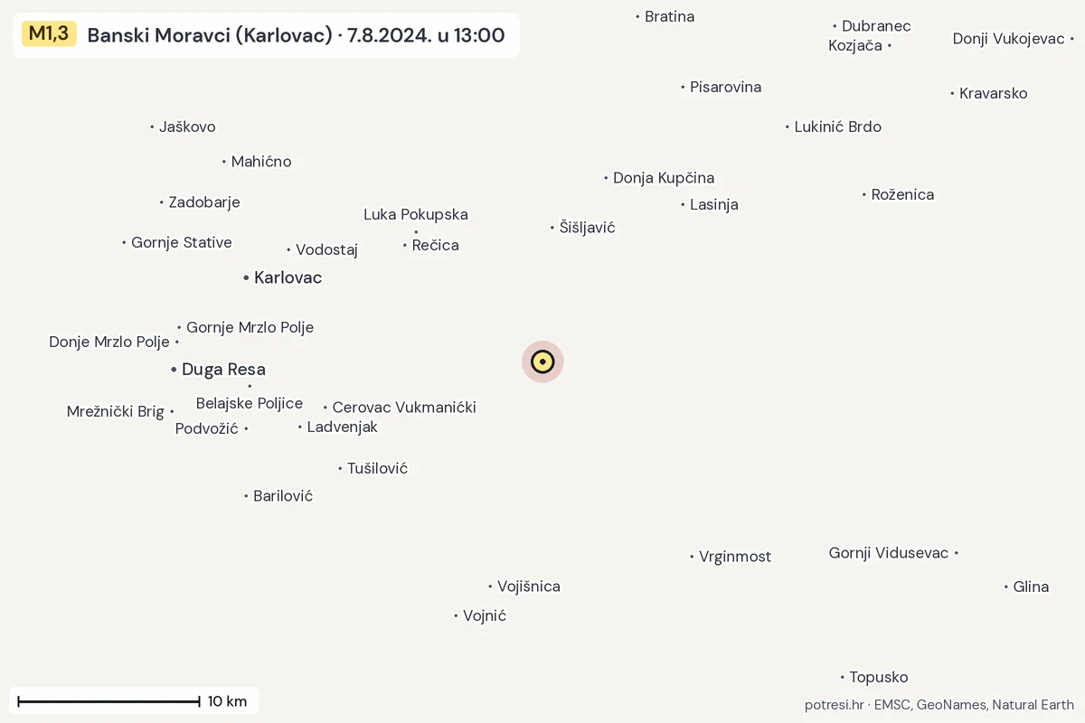 Karta: okolica epicentra, 60 km, potres M1,3, Banski Moravci (Karlovac), 7.8.2024.