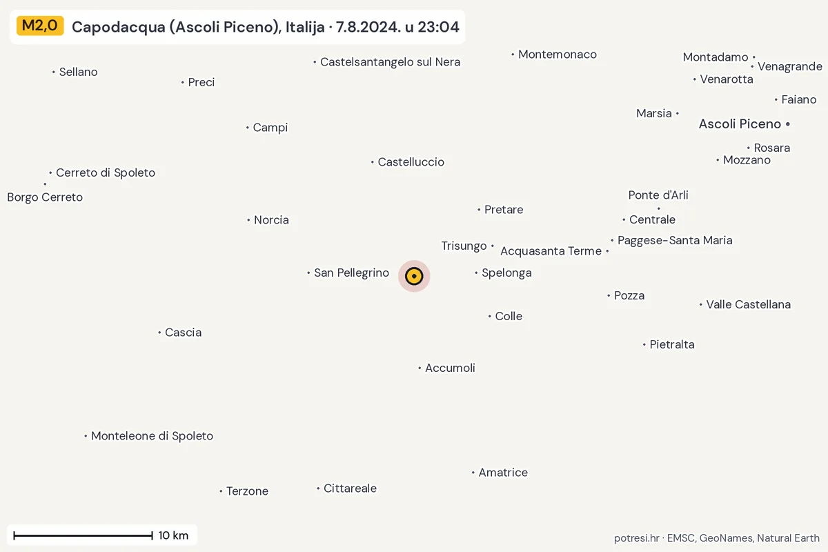 Karta: okolica epicentra, 60 km, potres M2,0, Capodacqua (Ascoli Piceno), Italija, 7.8.2024.
