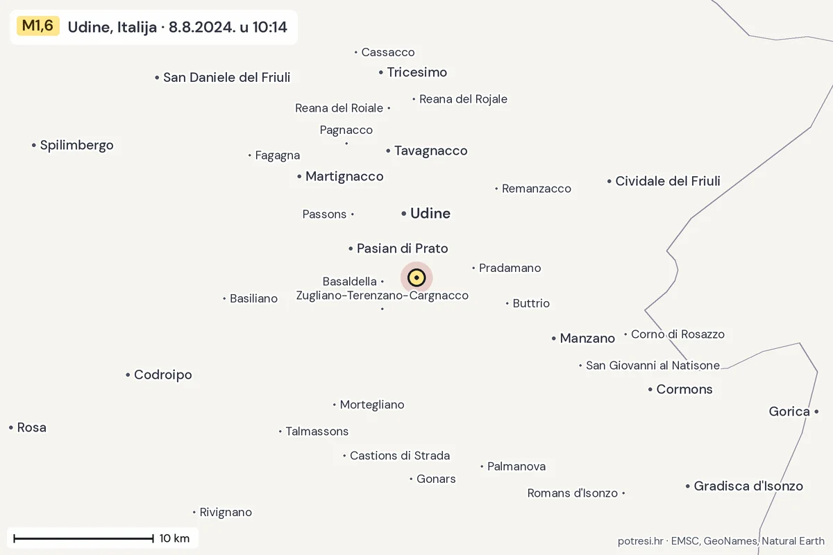 Karta: okolica epicentra, 60 km, potres M1,6, Udine, Italija, 8.8.2024.
