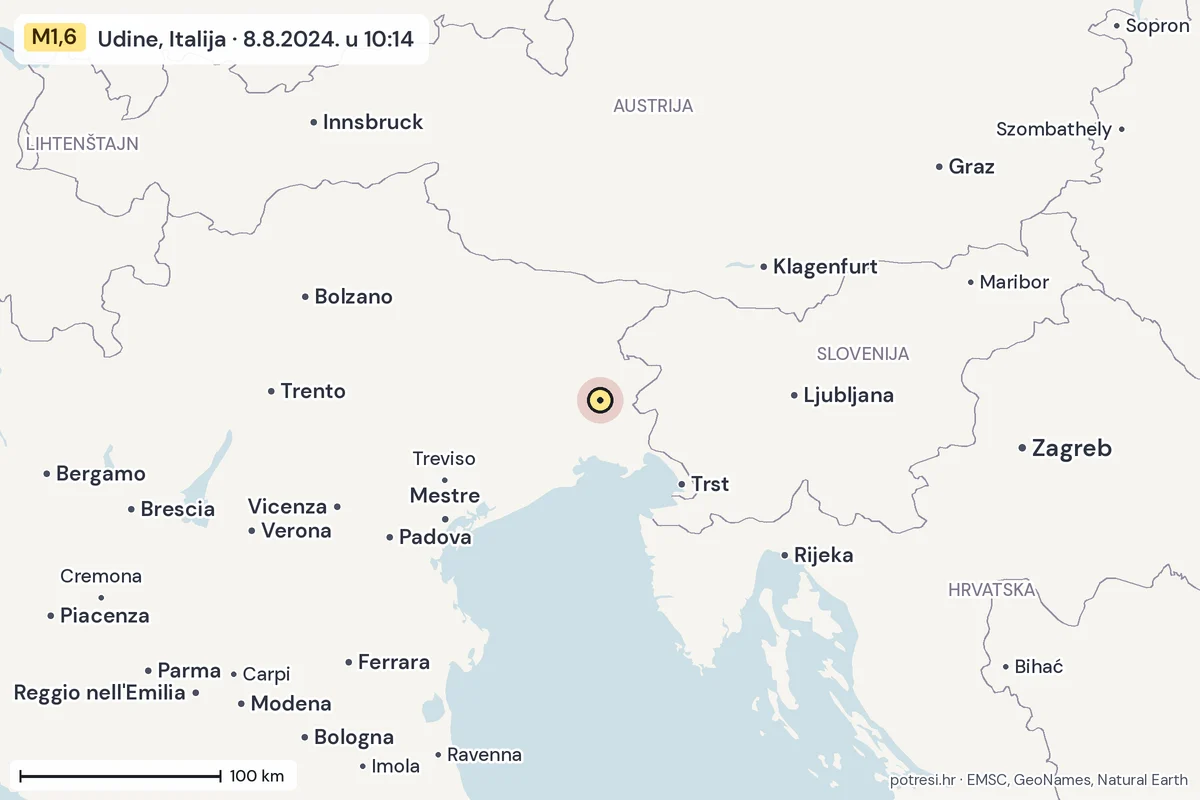 Karta: šire područje, 600 km, potres M1,6, Udine, Italija, 8.8.2024.
