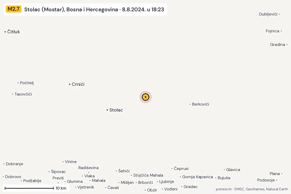 Karta: okolica epicentra, 60 km, potres M2,7, Stolac (Mostar), Bosna i Hercegovina, 8.8.2024.