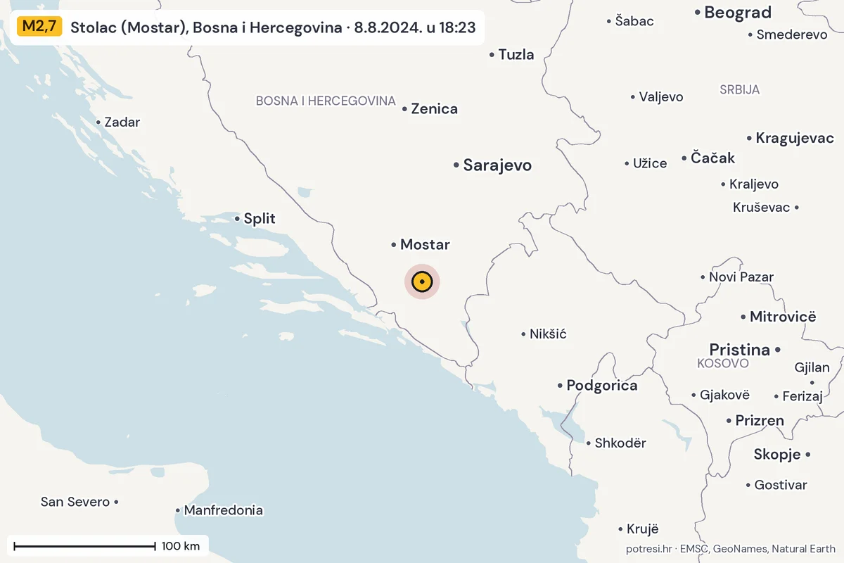 Karta: šire područje, 600 km, potres M2,7, Stolac (Mostar), Bosna i Hercegovina, 8.8.2024.