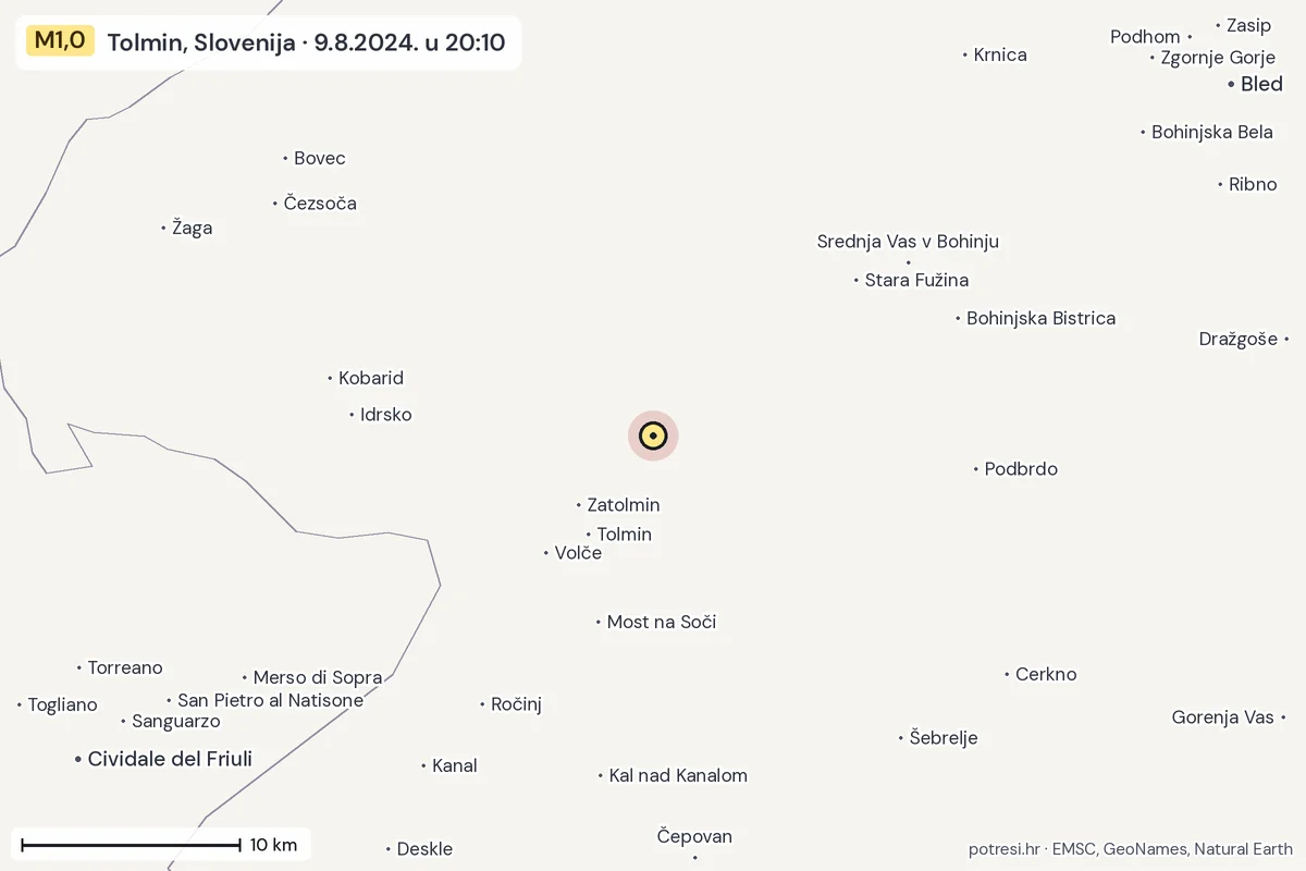 Karta: okolica epicentra, 60 km, potres M1,0, Tolmin, Slovenija, 9.8.2024.