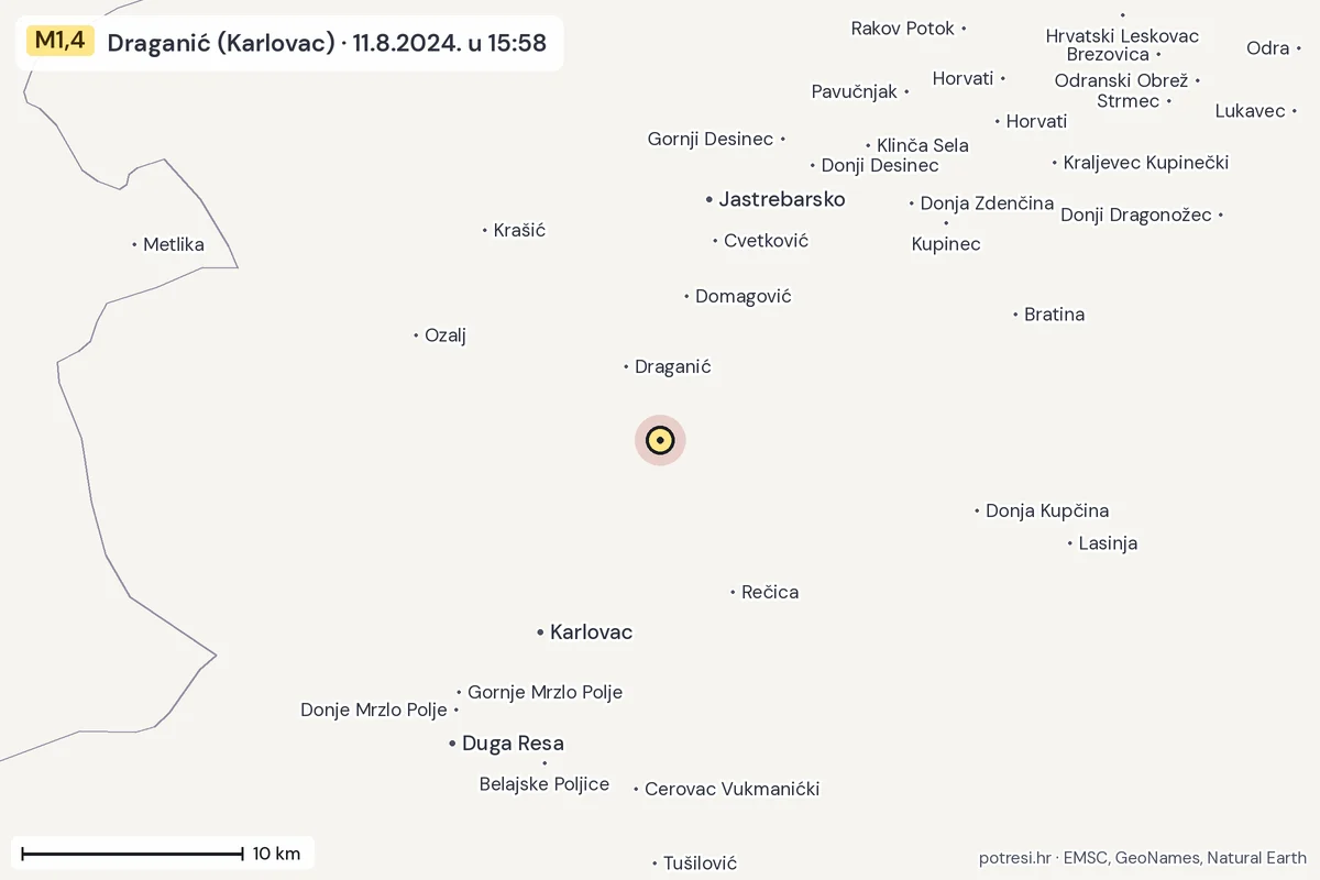 Karta: okolica epicentra, 60 km, potres M1,4, Draganić (Karlovac), 11.8.2024.