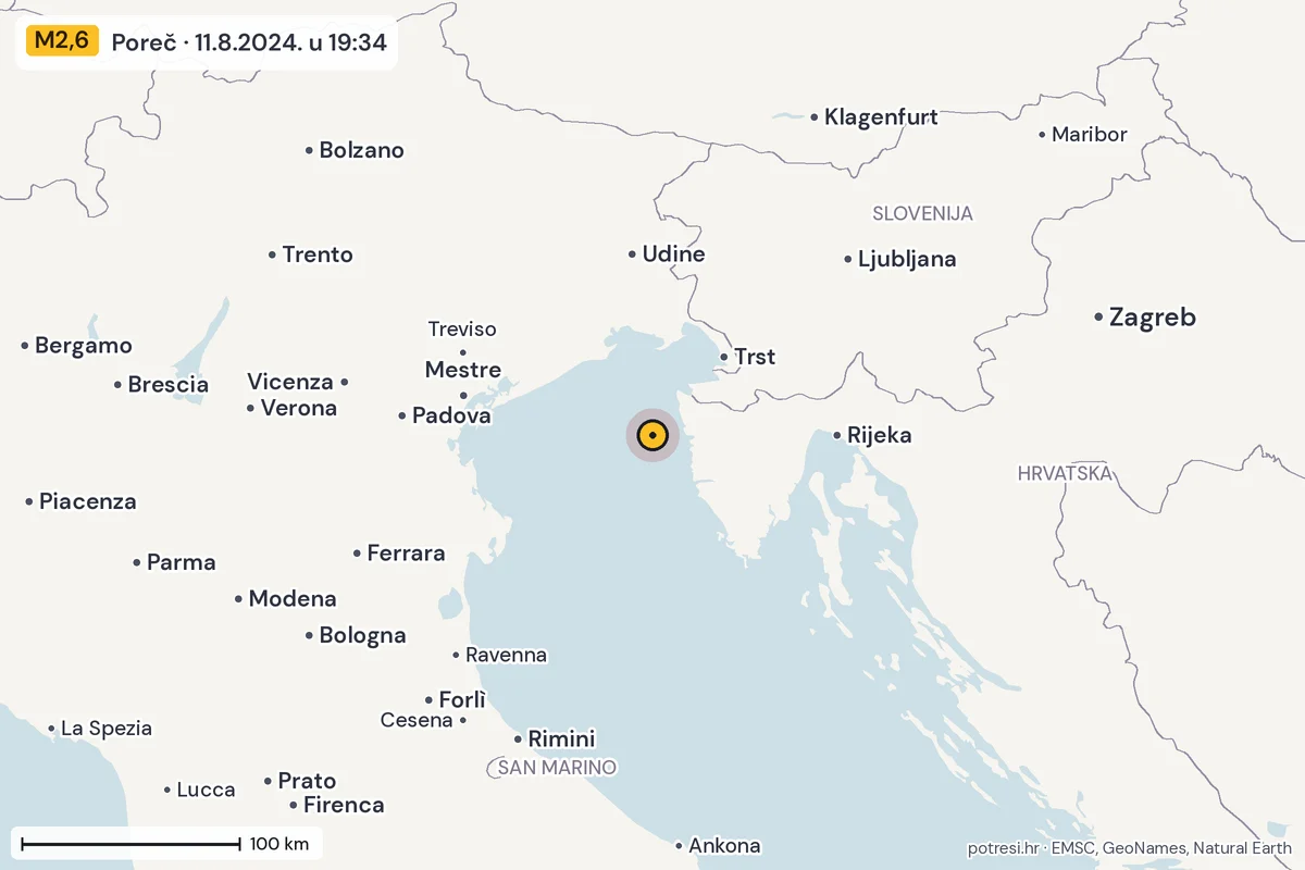 Karta: šire područje, 600 km, potres M2,6, Poreč, 11.8.2024.