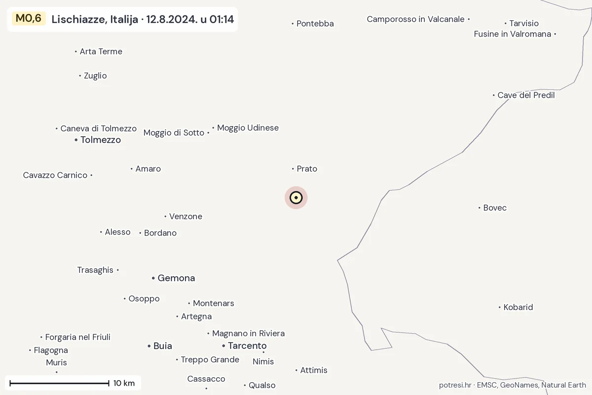 Karta: okolica epicentra, 60 km, potres M0,6, Lischiazze, Italija, 12.8.2024.