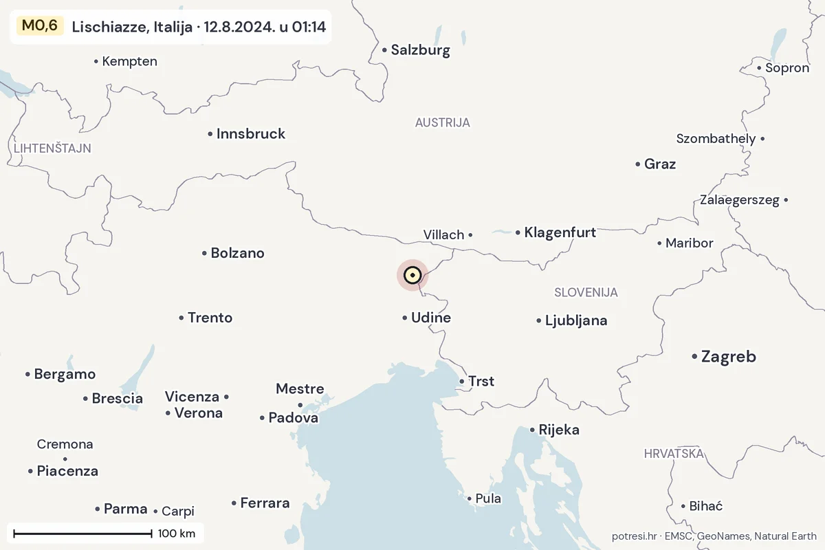 Karta: šire područje, 600 km, potres M0,6, Lischiazze, Italija, 12.8.2024.